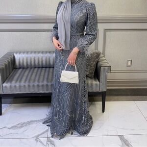 Grey Long Sleeve Evening Gown